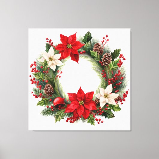 Poinsettias en Holly Kerstkrans Canvas Afdruk (Voorkant)