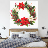 Poinsettias en Holly Kerstkrans Canvas Afdruk (Insitu (Slaapkamer))