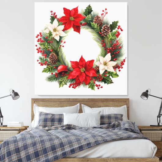 Poinsettias en Holly Kerstkrans Canvas Afdruk (Insitu (Slaapkamer))