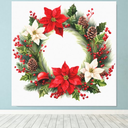 Poinsettias en Holly Kerstkrans Canvas Afdruk (Insitu (Houten vloer))