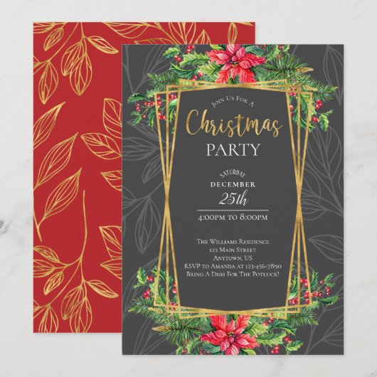 Poinsettias en Holly Red Kerst Kaart (Voorkant / Achterkant)