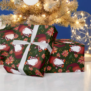 Poinsettia's en kabouters op donkergroene kerst cadeaupapier
