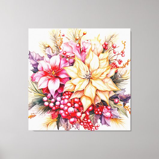 Poinsettias en Kerstmis Holly Canvas Afdruk (Voorkant)