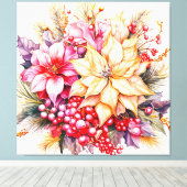 Poinsettias en Kerstmis Holly Canvas Afdruk (Insitu (Houten vloer))