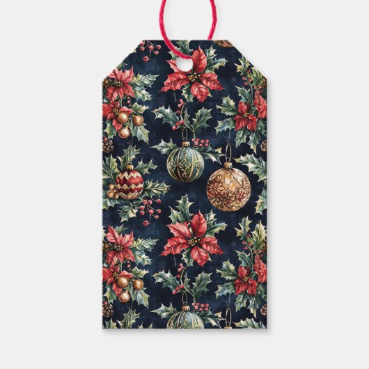 Poinsettia's en kerstversiering cadeaulabel (Voorkant)