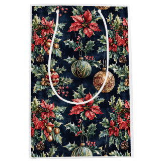 Poinsettia's en ornamenten dubbelzijdig medium cadeauzakje
