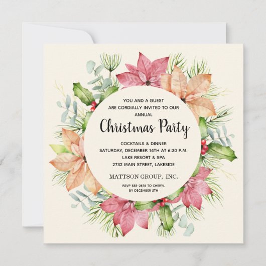 Poinsettias en Pine Wreate Kerstuitnodigingen (Voorkant)