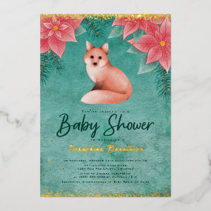 Poinsettia's en Rode Vos Winter Baby Shower Folie Uitnodiging