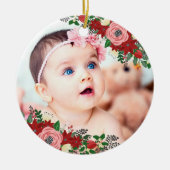 Poinsettias en Rozen | Eerste Kerstmis baby Keramisch Ornament (Voorkant)