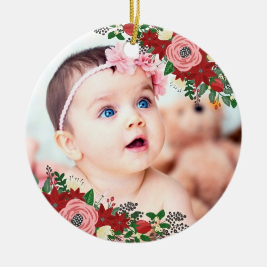 Poinsettias en Rozen | Eerste Kerstmis baby Keramisch Ornament (Voorkant)
