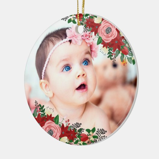 Poinsettias en Rozen | Eerste Kerstmis baby Keramisch Ornament (Links)