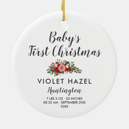 Poinsettias en Rozen | Eerste Kerstmis baby Keramisch Ornament (Achterkant)