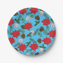 Poinsettias en Silver Bells in Blue Paper Borden