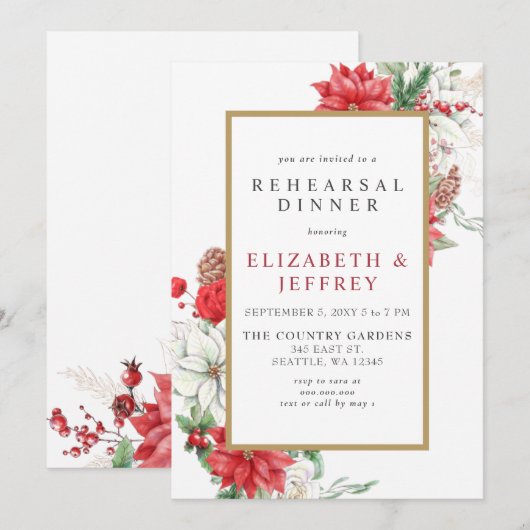 Poinsettias Gold Holly-kerstrepetitie Kaart (Voorkant / Achterkant)
