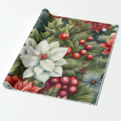 Poinsettia's & Holly Berries Cadeaupapier (Uitgerold)