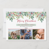 Poinsettias Holly Greenery Merry Kerstmis 3 Foto Feestdagenkaart (Voorkant)