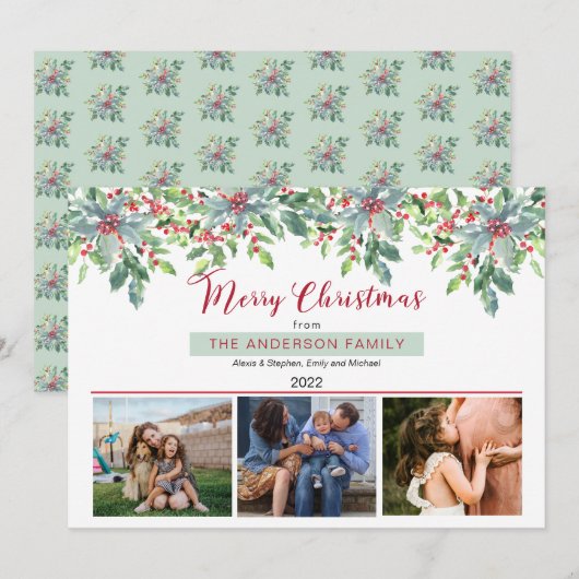 Poinsettias Holly Greenery Merry Kerstmis 3 Foto Feestdagenkaart (Voorkant / Achterkant)