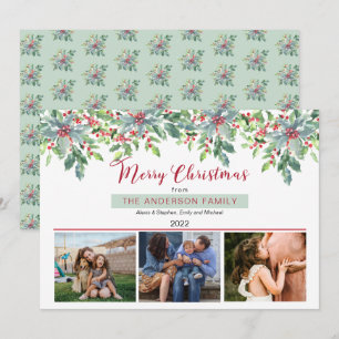Poinsettias Holly Greenery Merry Kerstmis 3 Foto Feestdagenkaart