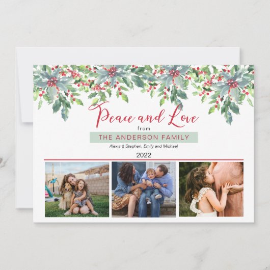 Poinsettias Holly Greenery Peace and Love 3 Photo Feestdagenkaart (Voorkant)