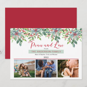Poinsettias Holly Greenery Peace and Love 3 Photo Feestdagenkaart