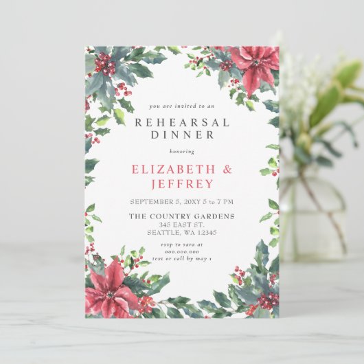 Poinsettias Holly Kerstrepesal Dinner Kaart (Staand voorkant)