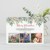 Poinsettias Hulstgroen Merry Christmas 3 Foto Feestdagenkaart (Staand voorkant)