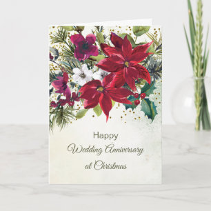Poinsettia's, huwelijksverjaardag met Kerstmis Feestdagen Kaart
