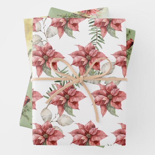 Poinsettias, kardinalen en filialen van de pijnboo inpakpapier vel (In situ)