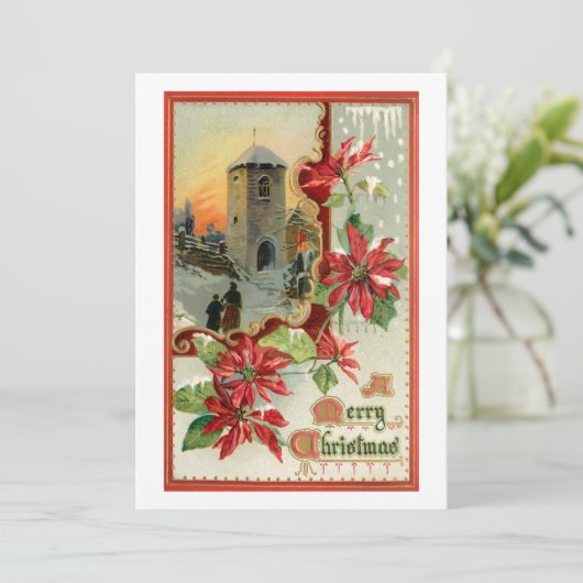  Poinsettias, Kerk en Kerstgroet Feestdagenkaart (Staand voorkant)