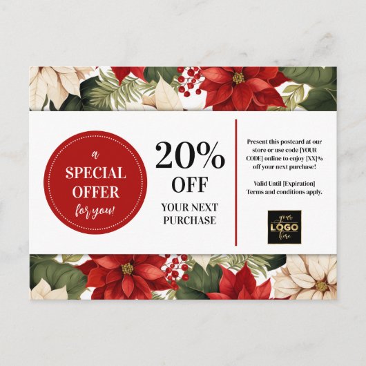 Poinsettias Kerst Aangepaste Coupon Korting Briefkaart (Voorkant)