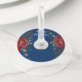 Poinsettias Kerst Party Marine Blauw Naam Wijnglaslabel