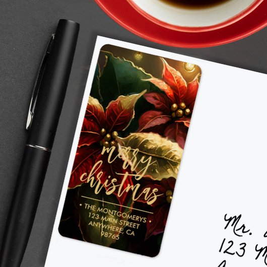 Poinsettias Merry Christmas Return Address Etiket