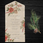 Poinsettia's met Holly op Snowy Beige All In One Uitnodiging<br><div class="desc">Leg de betoverende schoonheid van een winterwonderland vast met deze prachtige All-in-One bruiloft-uitnodiging met een prachtig ontwerp van rode en ivoren poinsettias met holly- en dennenboughs op een beige achtergrond met sneeuw. Deze uitnodiging omvat de magie en romance van uw speciale dag. De All-in-One bruiloft uitnodigingen zijn zowel mooi als...</div>
