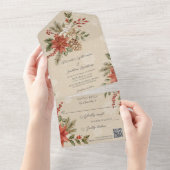 Poinsettia's met Hulst op Sneeuwwit Beige QR-code All In One Uitnodiging (Afscheurbaar)
