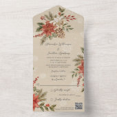 Poinsettia's met Hulst op Sneeuwwit Beige QR-code All In One Uitnodiging (Binnen)