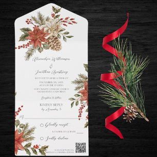 Poinsettia's met hulst op witte QR-code All In One Uitnodiging
