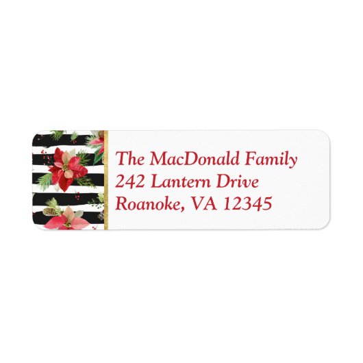 Poinsettias on Black, White Stripes Address Label (Voorkant)