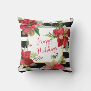 Poinsettias on Black, White Stripes Pillow 2 Kussen