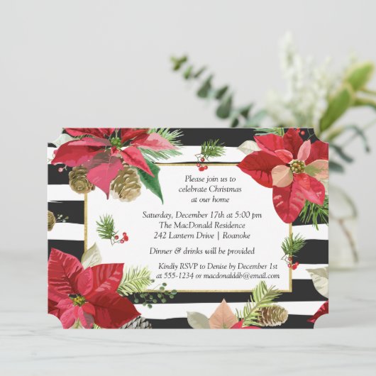 Poinsettias on Stripes Kerstparty nodigt 2 uit Kaart (Staand voorkant)