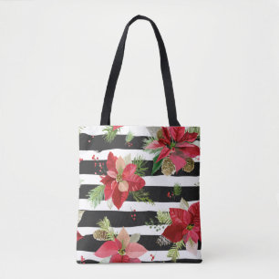 Poinsettias op Black, White Stripes Canvas tas