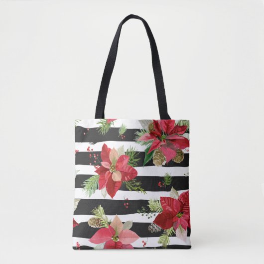 Poinsettias op Black, White Stripes Canvas tas (Voorkant)