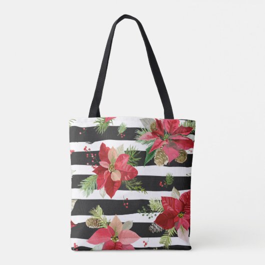 Poinsettias op Black, White Stripes Canvas tas (Achterkant)