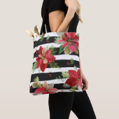 Poinsettias op Black, White Stripes Canvas tas (Dichtbij)