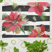 Poinsettias op Black, White Stripes Kitchen Towel Theedoek (Gevouwen)