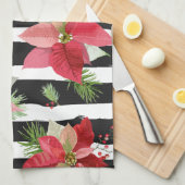 Poinsettias op Black, White Stripes Kitchen Towel Theedoek (Quarter Fold)