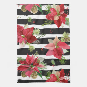 Poinsettias op Black, White Stripes Kitchen Towel Theedoek
