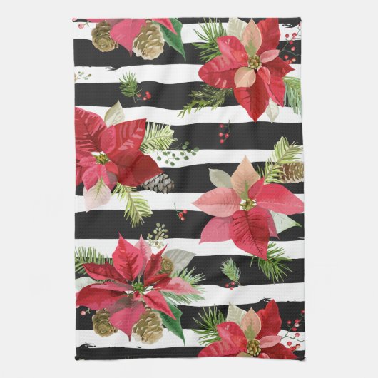 Poinsettias op Black, White Stripes Kitchen Towel Theedoek (Verticaal)