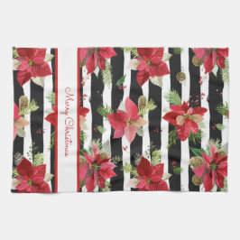 Poinsettias op Black, White Stripes Kitchen Towel Theedoek