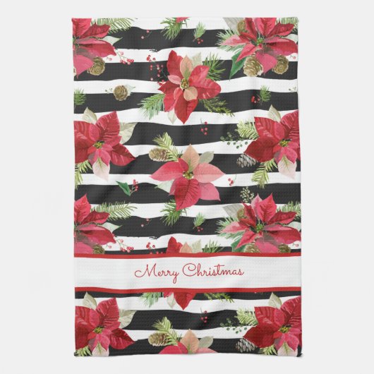 Poinsettias op Black, White Stripes Kitchen Towel Theedoek (Verticaal)