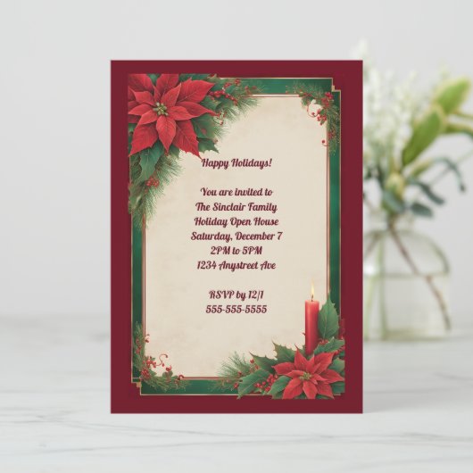 Poinsettia's op het groene en rode kerstfeest kaart (Staand voorkant)